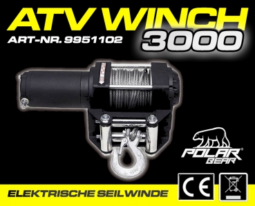 ATV Winch Elektrische Seilwinde 12 Volt 1360kg 3000lbs Funkfernbedienung + Kabelfernbedienung inkl. Montageplatte