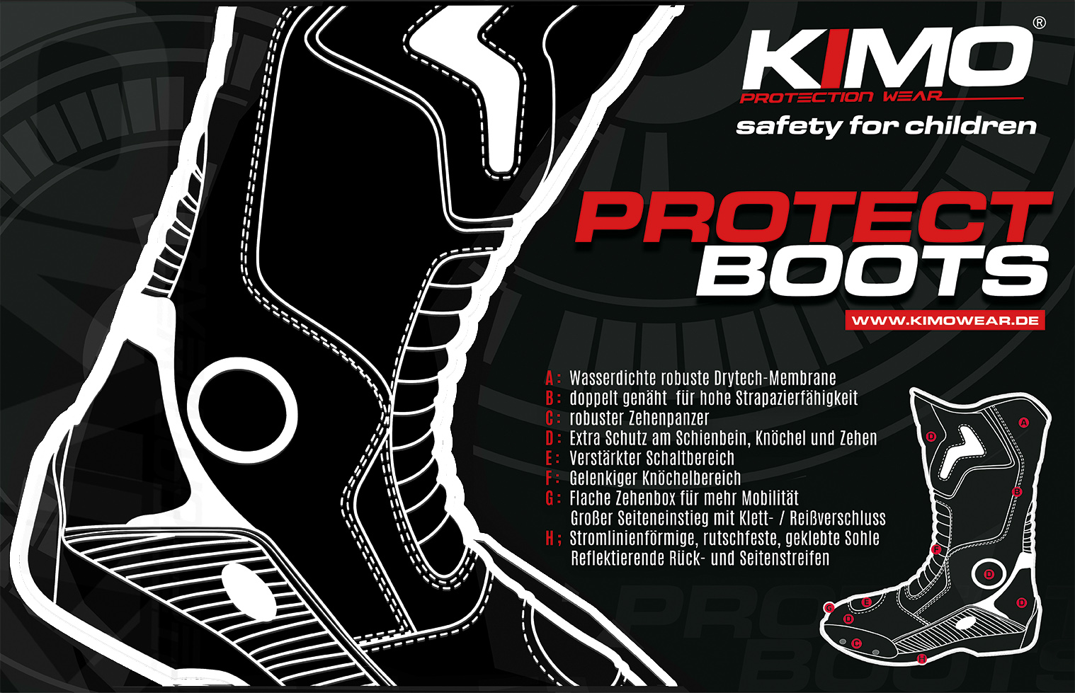 Kimo Kinder Motorradstiefel Protect Boots Schwarz, 34