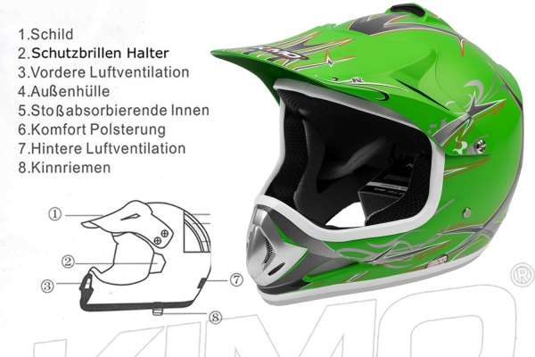 KIMO Kinder Motorrad Crosshelm Sport Green-Matt